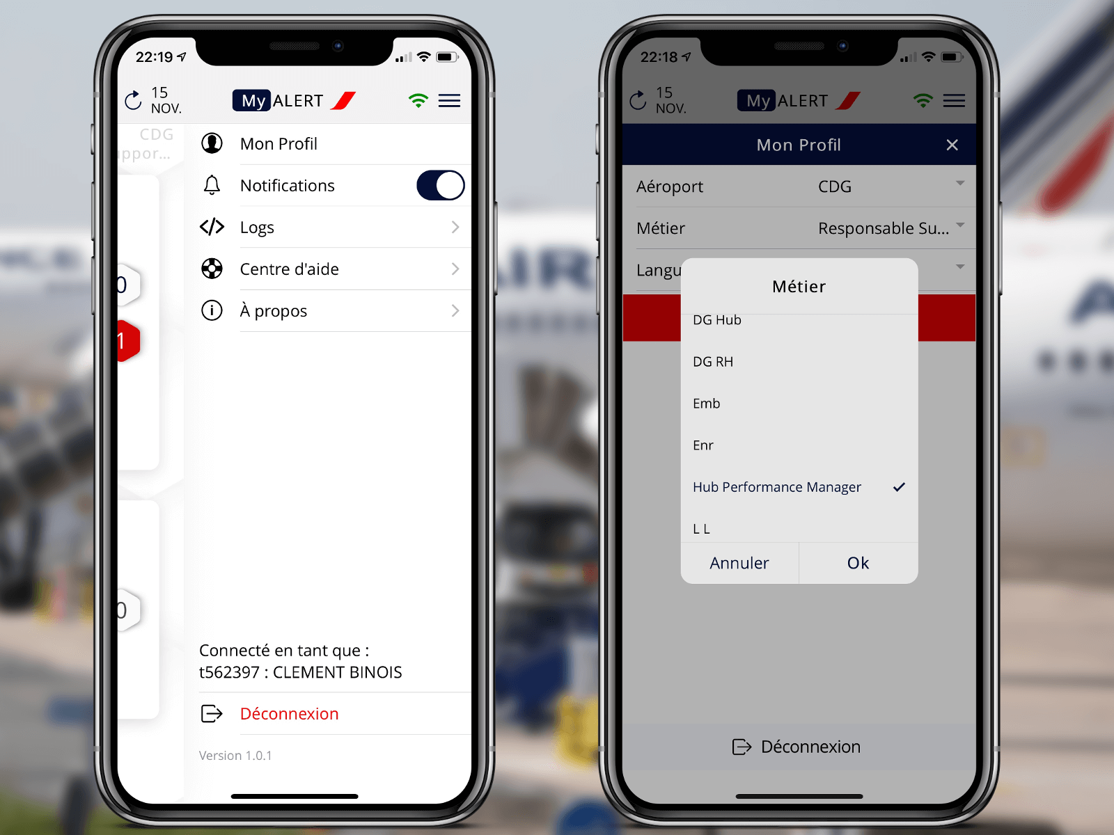 Air France COMOPS MyALERT iPhone Menu et Sélection des métiers