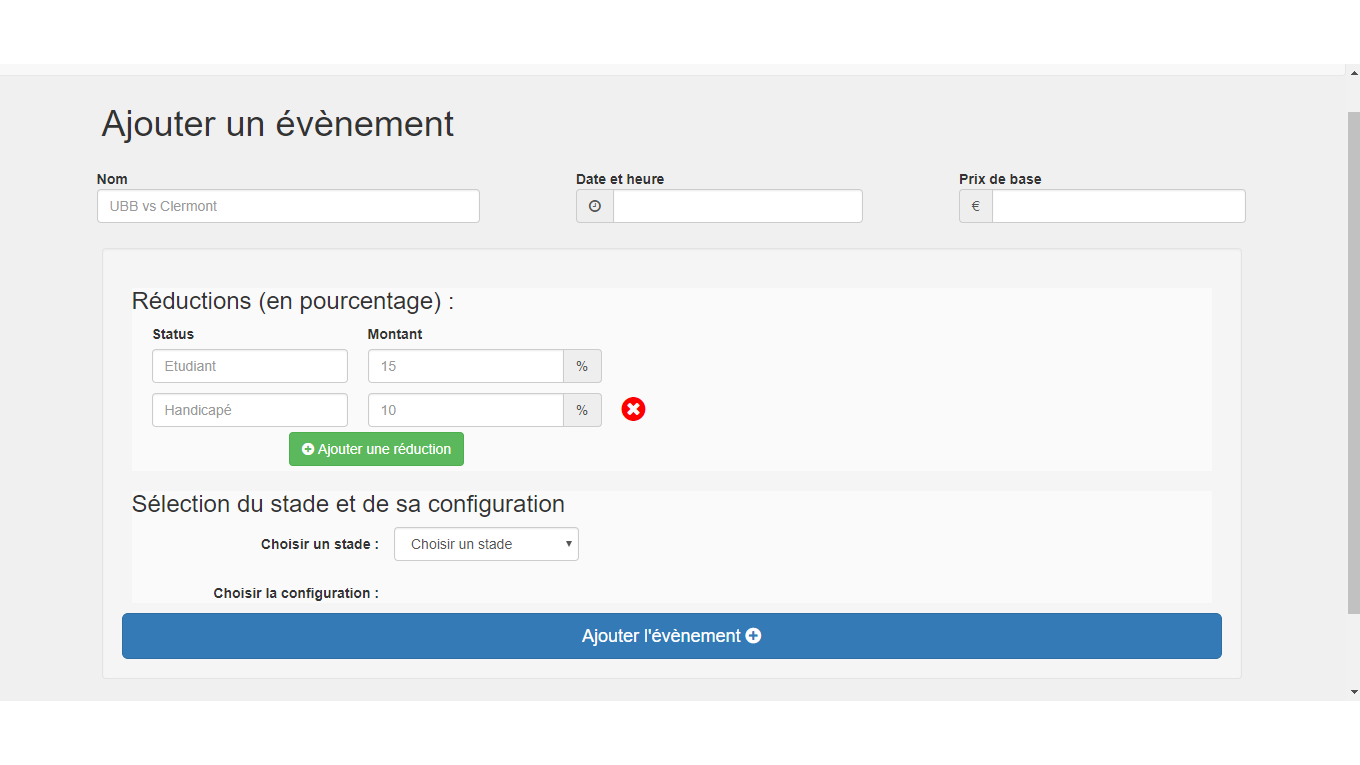 Billetterie de stade - Ajouter un évènement