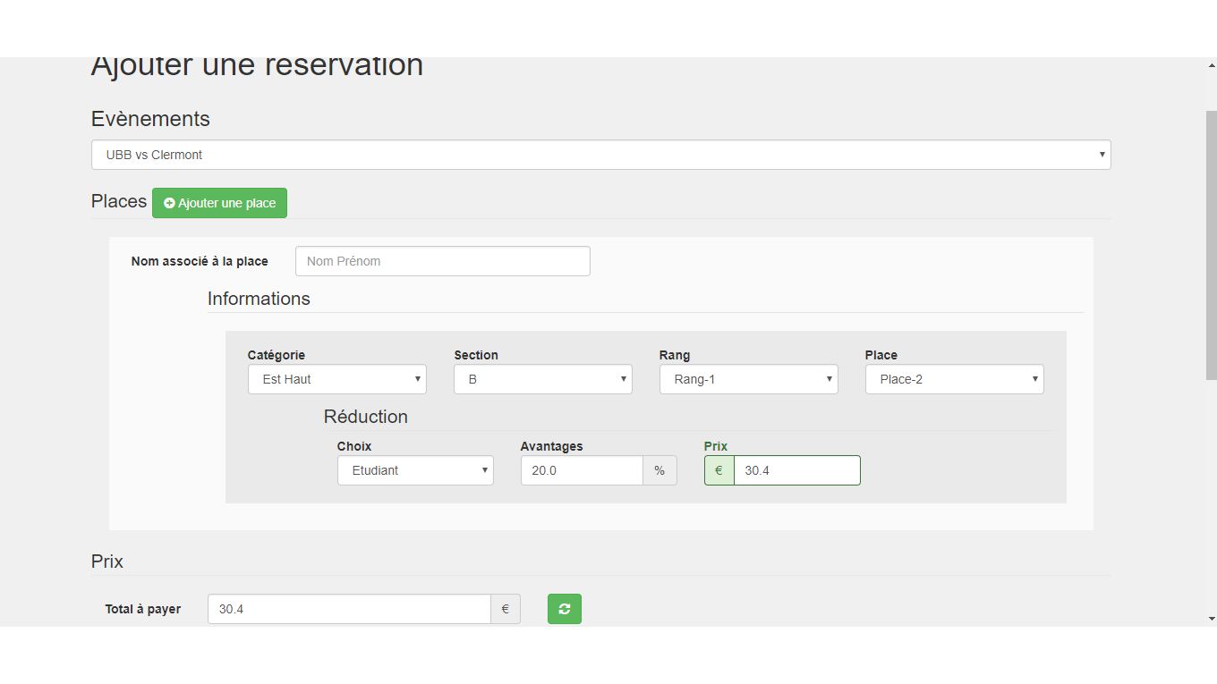 Billetterie de stade - Ajouter une réservation