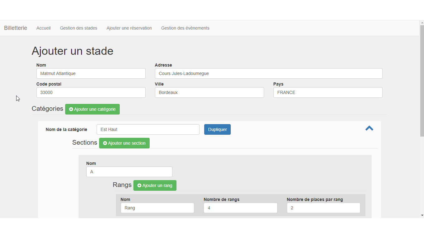 Billetterie de stade - Ajouter un stade