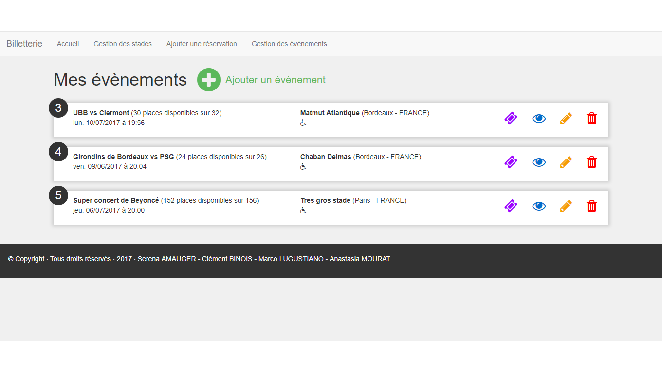 Billetterie de stade - Listes des évènements