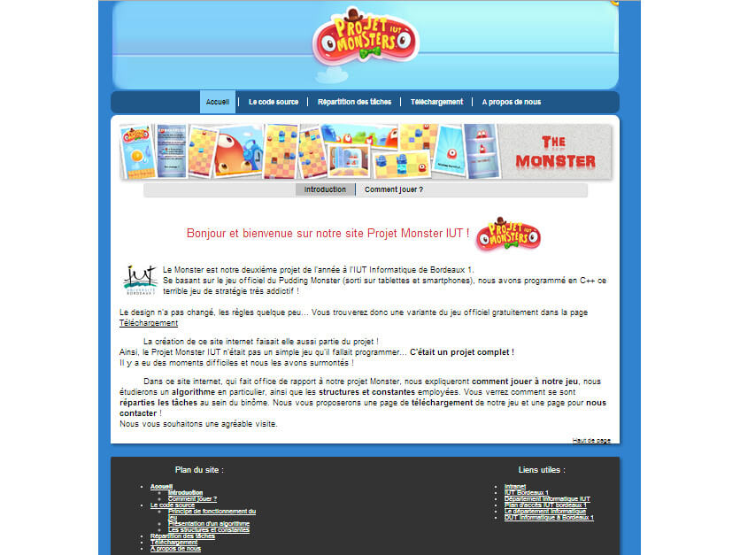 Jeu Monster Page d'accueil du site de présentation