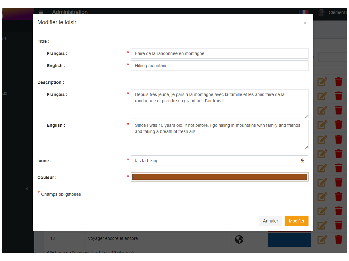 Portfolio de Clément BINOIS Administration Modification d'un loisir