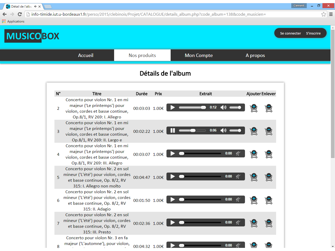 Musicobox Liste des Enregistrements d'un album