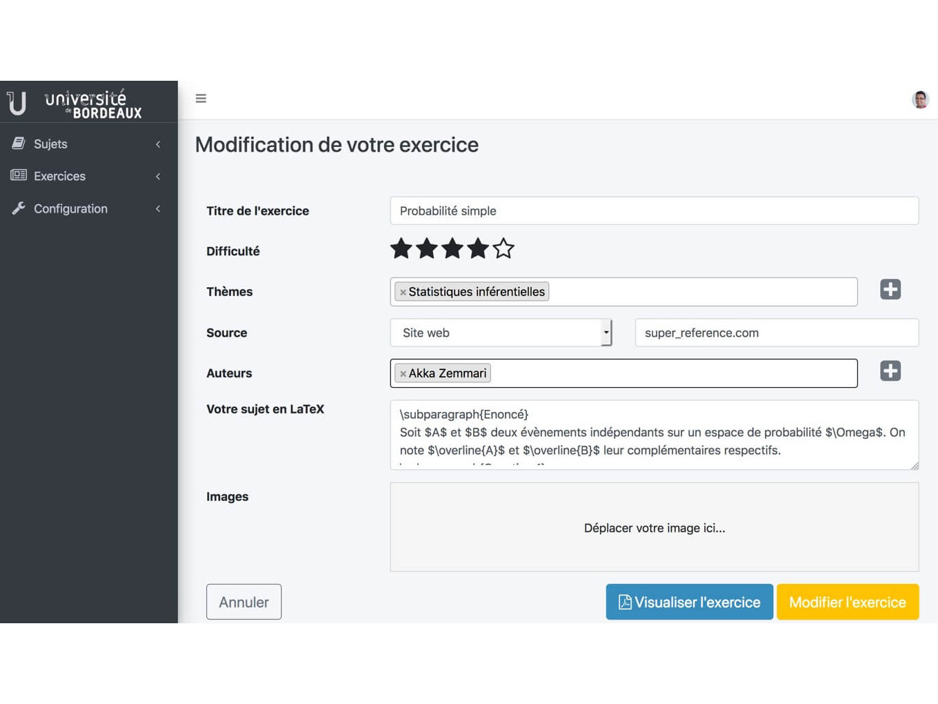 Génération de sujets universitaires modification d'un exercice