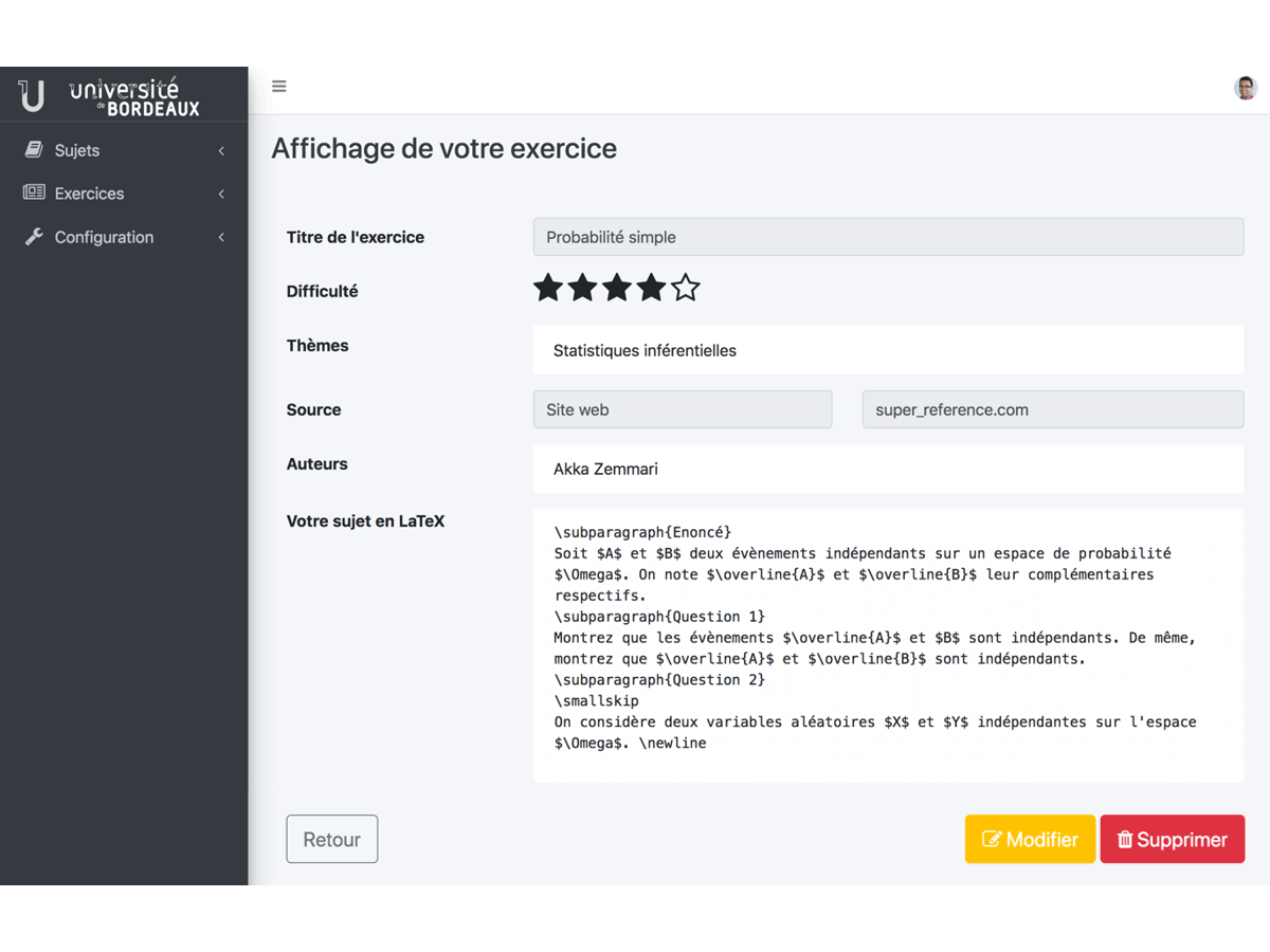 Génération de sujets universitaires détail d'un exercice