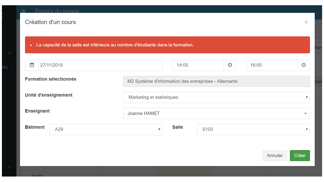 Gestion emploi du temps universitaire Création de cours capacité de la salle trop petite