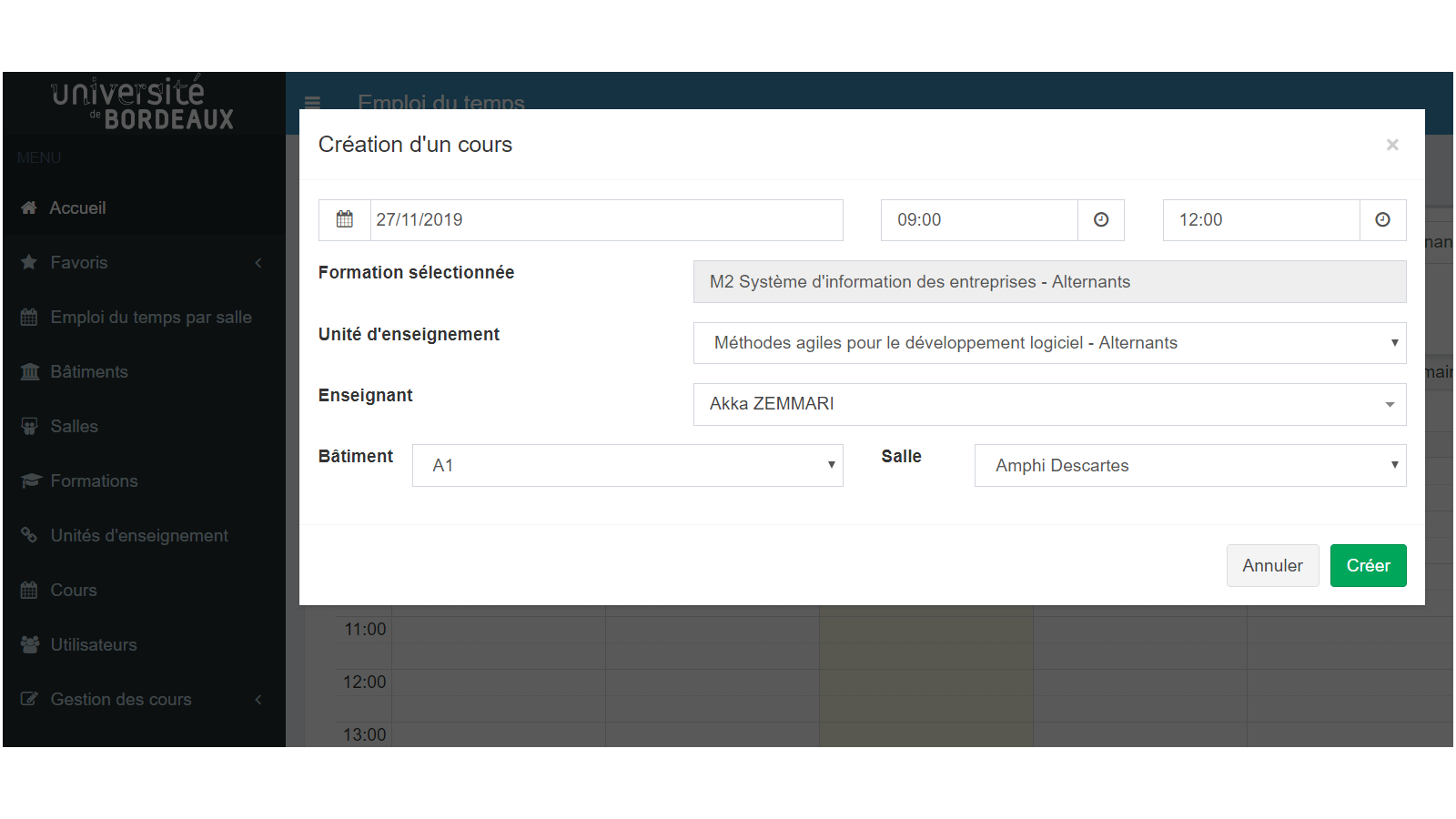 Gestion emploi du temps universitaire Création de cours