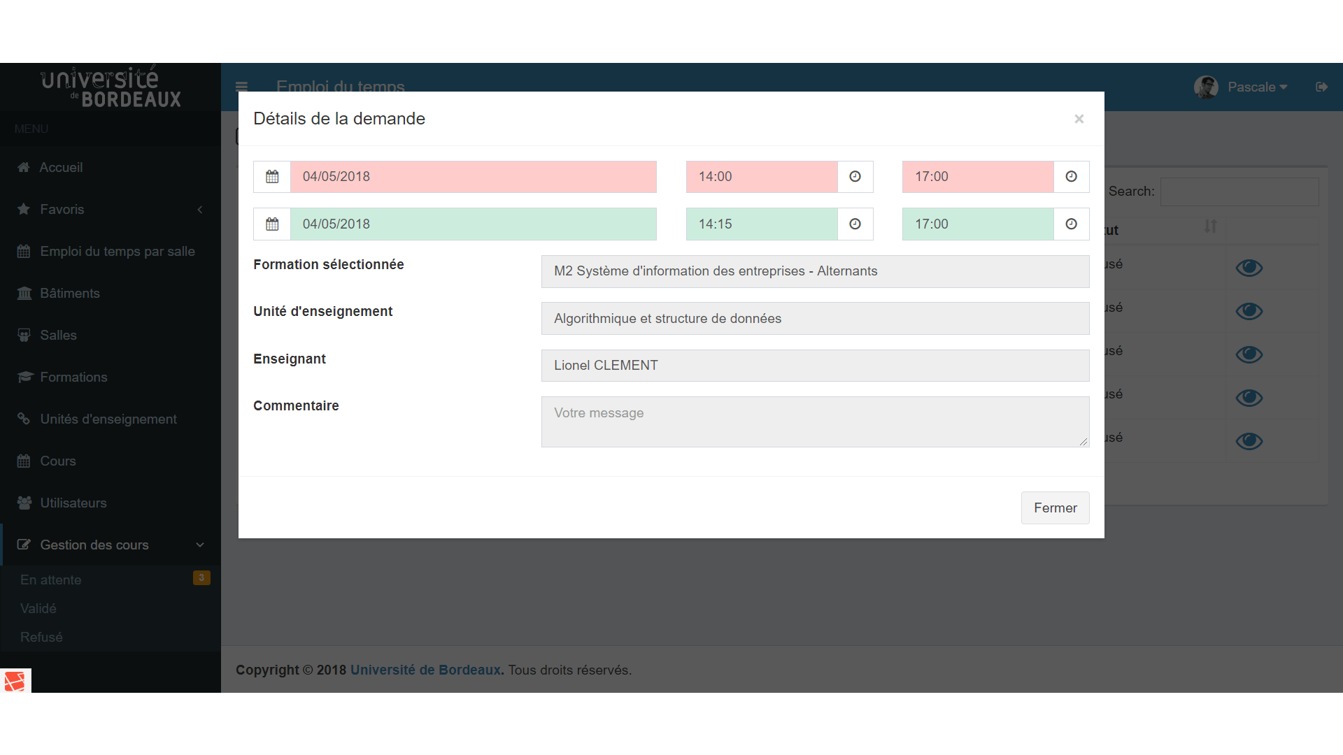 Gestion emploi du temps universitaire Détail changement de cours